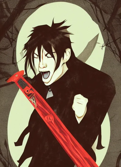 Image similar to illustration of a handsome male vampire by tatsuki fujimoto, long black hair, glowing red eyes, brown coat, chainsaw sword