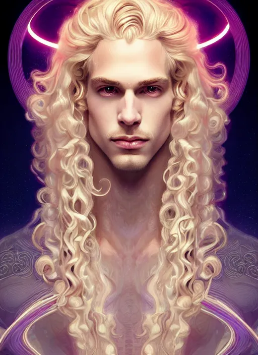 Image similar to symmetry portrait of a pale blond androgynous prince with very curly long blond curly hair, sci - fi, tech wear, glowing lights intricate, elegant, highly detailed, digital painting, artstation, concept art, smooth, sharp focus, illustration, art by artgerm and greg rutkowski and alphonse mucha