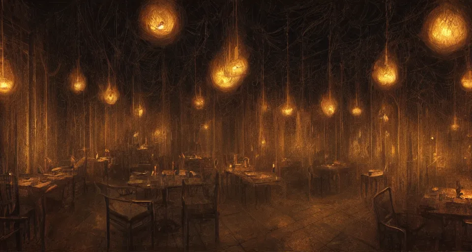 Prompt: a big creepy restaurant, intricate, elegant, glowing lights, highly detailed, digital painting, artstation, concept art, smooth, sharp focus, illustration, great space, zdzisław beksinski, 8 k, very high resolution, processing, extremely hyperdetailed