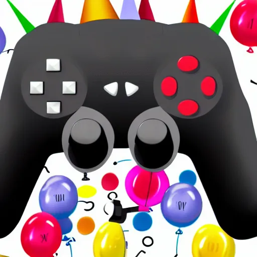 Image similar to Digital drawing of a controller with a cartoon face and a birthday hat, white backgound