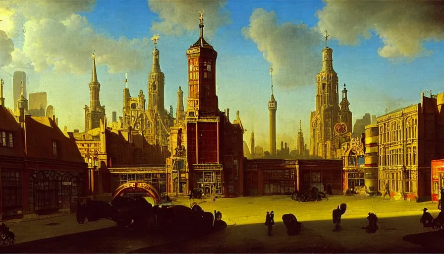 Image similar to Victorian England soviet city with flying cars and cyberpunk, made by Hubert van Eyck, Georges de La Tour, Élisabeth Vigée Le Brun, Jacques-Louis David