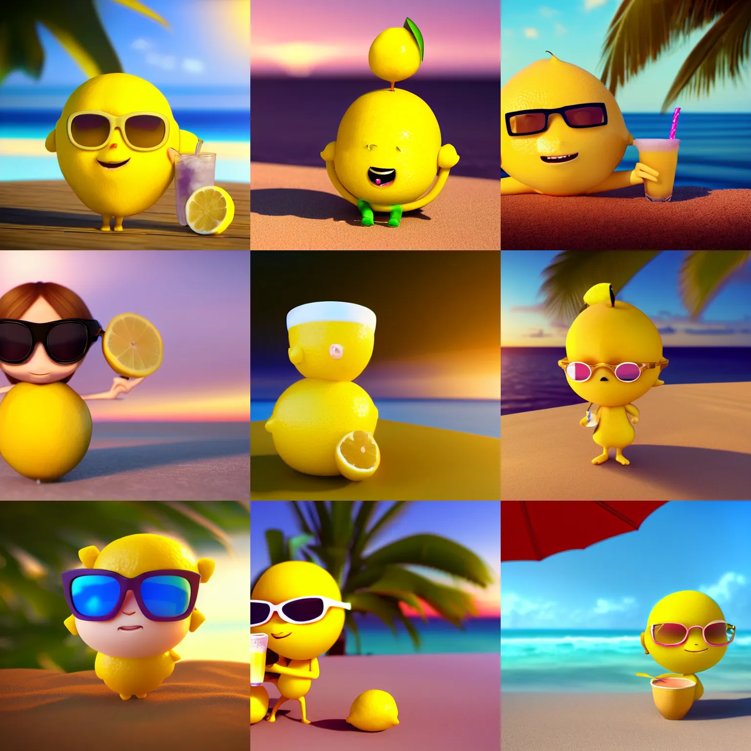 Prompt: 3 d octane render of a very very very cute!!!!! chibi lemon character sipping on a delicous caribbean drink wearing sunglasses relaxing on a tropical beach at sunrise