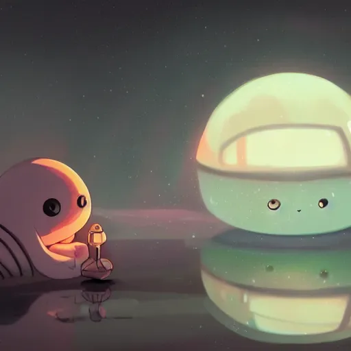 Image similar to a robot jellyfish eating a baby harp seal, in crystalline alien planet, atey ghailan, goro fujita, studio ghibli, scary lighting, clear focus, very coherent