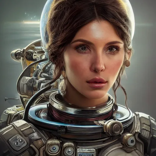 Image similar to hyperrealistic ultra detailed unreal engine 5 RTX raytracing nvidia photograpic portrait of a pretty woman, astronaut space pirate, fantasy, intricate, elegant, highly detailed, digital painting, artstation, concept art, smooth, sharp focus, illustration, art by artgerm and H R Giger and alphonse mucha