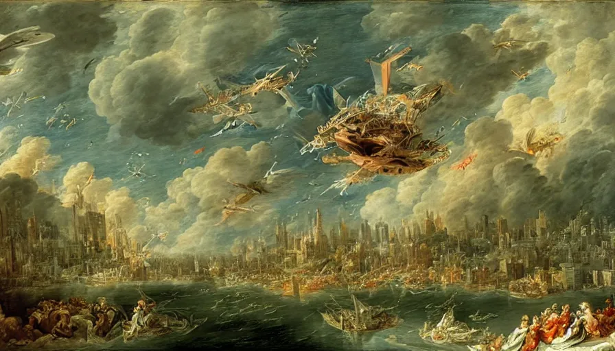 Prompt: spaceship soaring between skyscrapers at great speed, francois boucher