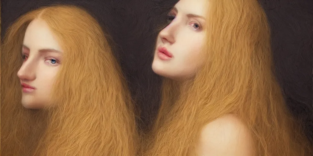 Image similar to realistic portrait of a mysterious woman in silky clothes with long golden hair, golden, castle, detailed, 1 4 5 0, delicate, hyper realism, ultra realistic, 8 k