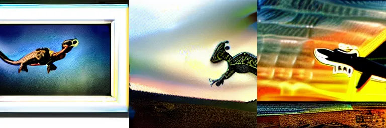 Prompt: Flying komodo chasing Steve Irwin,HDR