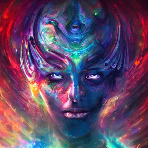 Prompt: dmt trip interdimensional beings by raymond swanland, highly detailed, bright tones