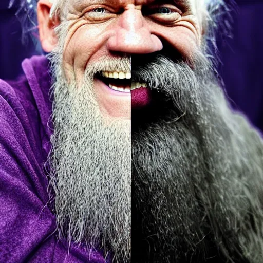 Image similar to john cena as an old druid wizard, bald, bushy grey eyebrows, long grey hair, disheveled, wise old man, wearing a grey wizard hat, wearing a purple detailed coat, a bushy grey beard, sorcerer, he is a mad old man, laughing and yelling