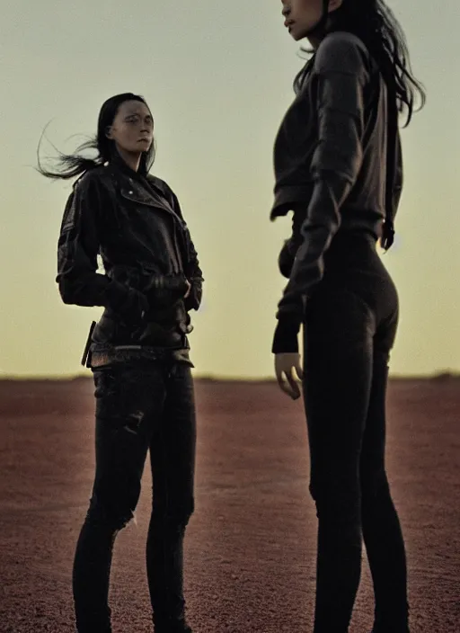 Image similar to cinestill 5 0 d photographic portrait of two loving female androids wearing rugged black techwear on a desolate plain with a red sky, extreme closeup, lizard on ground, cyberpunk style, in front of a brutalist dark metal facility, dust storm, 3 5 mm, 8 k, hd, high resolution, f / 3 2, ultra realistic faces