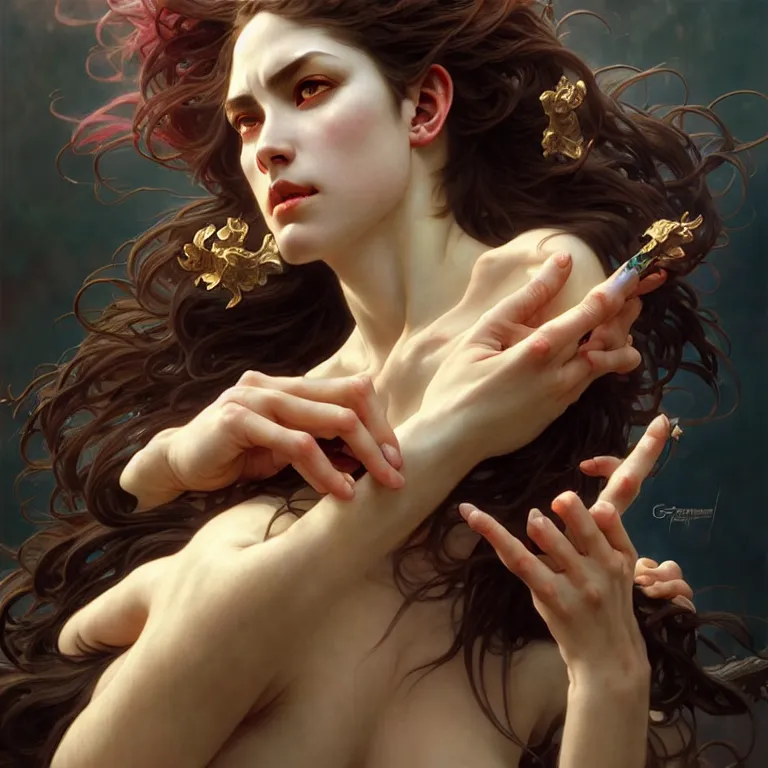 Prompt: gentle demon, painting, good against evil, highly detailed, digital painting, smooth, beautiful angle, weak demon, sharp focus, illusion, ultra - realistic, demon against angle, heaven against hell, 8 k, strong and powerful confident angle artgerm, greg rutkowski and alphonse mucha