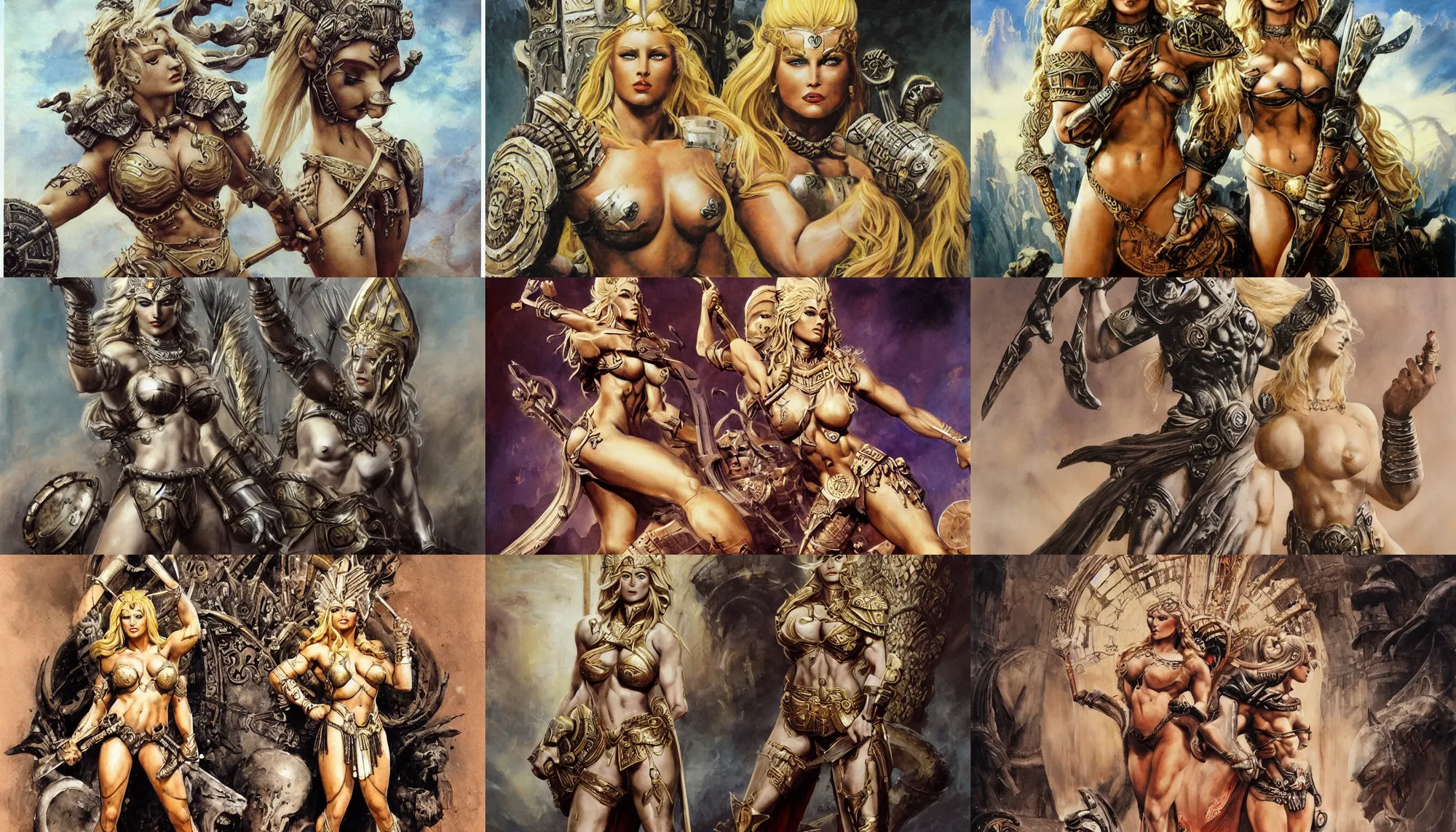 Prompt: A mixed media painting of a beautiful blonde goddess of war and mayhem, in a coliseum, very aesthetic, curvy, detailed face and eyes, spartan, by Frank Frazetta, Boris Vallejo, Greg Rutkowski, Christian MacNevin, epic fantasy character art, roman numerals, high fantasy, CGsociety, full length, exquisite detail, post-processing, masterpiece, cinematic, coliseum backdrop