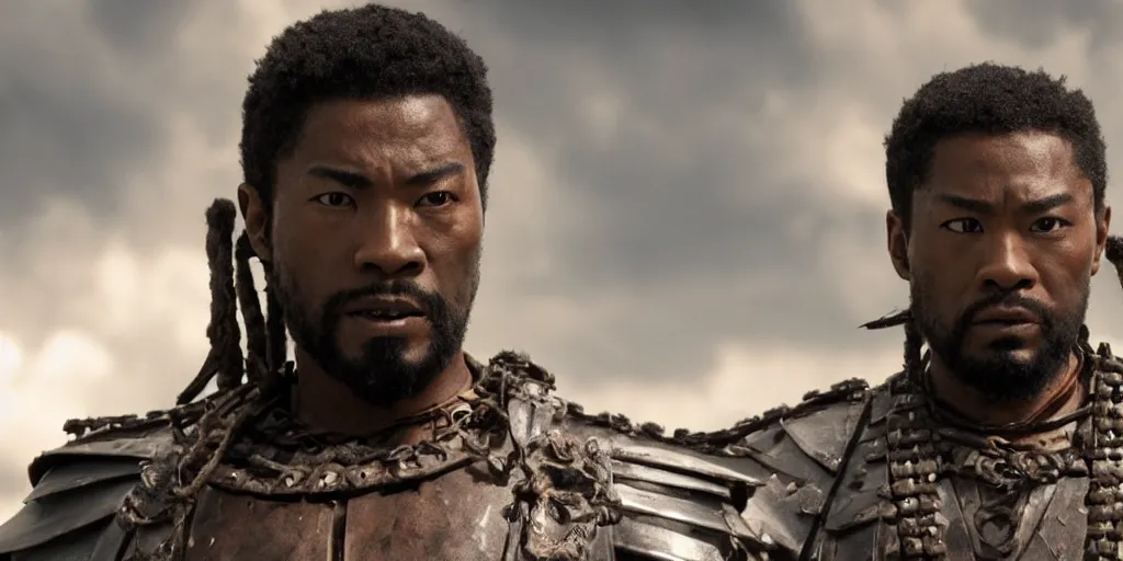 Image similar to a film still of a black man starring in a japanese blockbuster film as ancient samurai, intense, shallow depth of field, cinematic, award winning cgi, vfx, film still