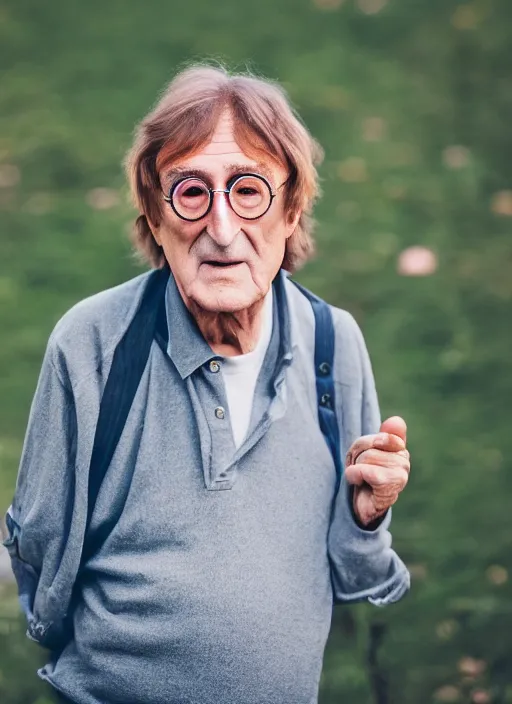 Image similar to DSLR photo portrait still of 81 year old age 81 John Lennon at age 81!!!, 85mm f1.8