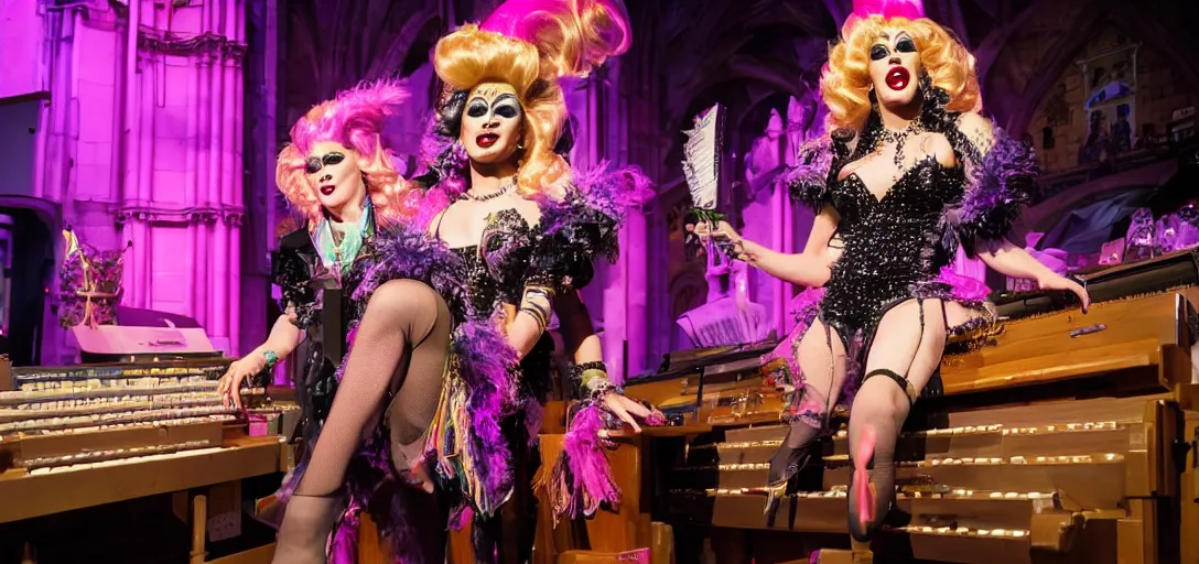 Image similar to drag queen performs as a church organist, photography, ultra high definition,