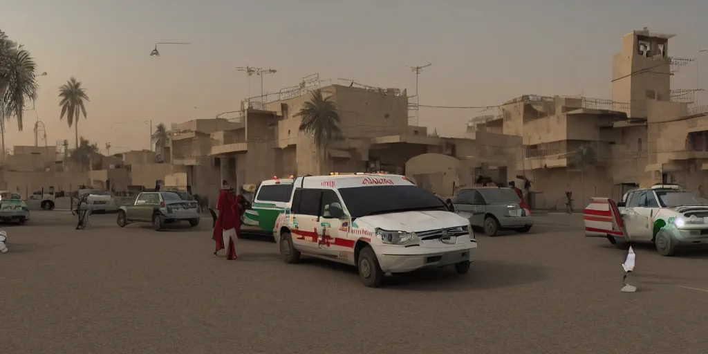 Image similar to arabic ambulance attending emergency in pakistan city, light cinematic, volumetric, realistic, cinematic lighting, hyper realistic