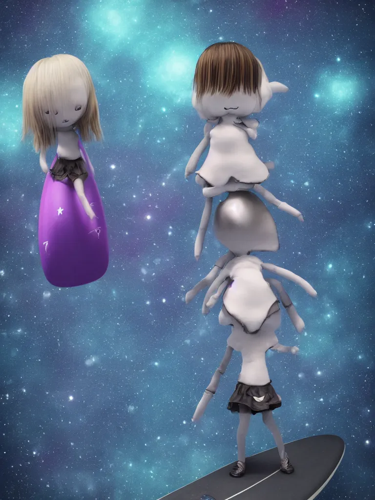 Image similar to cute fumo plush gothic maiden alien girl riding on a surfboard in the dark galactic abyss, hearts, vignette, vray