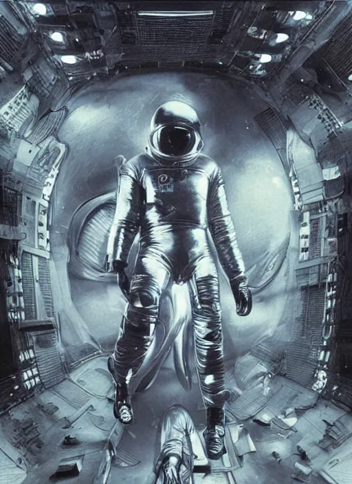 Prompt: massive chrome astronauts in the void underwater - complex and hyperdetailed technical suit. infrared reflection and dispersion materials. rays and dispersion of light. volumetric light. 5 0 mm, f / 3 2. noise film photo. flash photography. ultra realistic, wide angle. poster by wayne barlowe, hajime sorayama aaron horkey, craig mullins