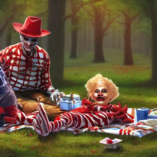 Prompt: freddy krueger, penny - wise and joe biden on a picnic, photo portrait, hyper realism, creepy, symmetry, awesome exposition, very detailed, highly accurate, professional lighting diffracted lightrays, 8 k, sense of awe