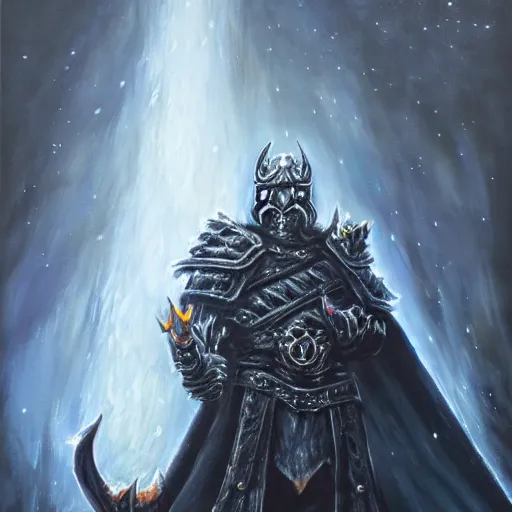 Prompt: a epic portrait depicting lich king in acrylic painting