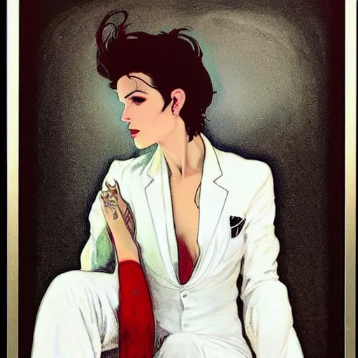 Prompt: pleasing portrait of androgynous ruby rose as desire from sandman in a white tuxedo!!!, rockabilly style,, by alphonse mucha, by jeremy mann, by peter lindbergh, dave mckean, by frank moth, white suit and black tie, soft lightning, high detailed, 8 k