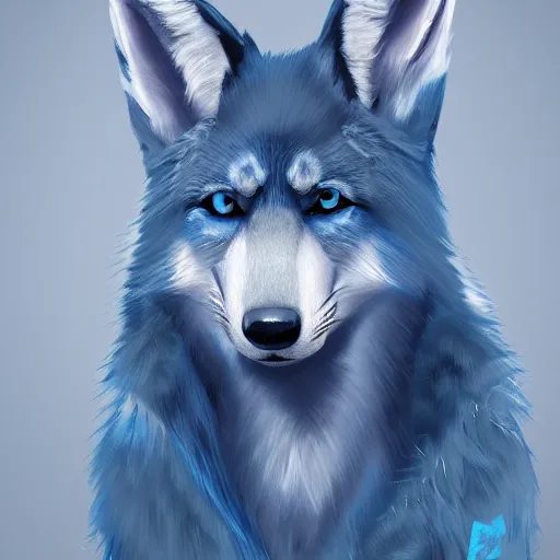 Image similar to an anthro furry fursona hybrid of a blue german shepherd and a blue fox, with blue fur and blue eyes, award winning digital art, trending on furaffinity, artstation, pixiv