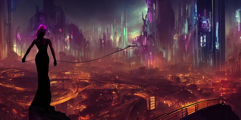 Image similar to silhouette of a woman standing on a bridge overlooking an axonometric cyberpunk city, by Rolf Armstrong and Evelyn De Morgan and Bastien Lecouffe-Deharme, dramatic lighting, high contrast colors, baroque, empyrean, panoramic view, as trending on Artstation, highly detailed, cryengine,
