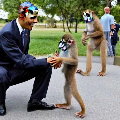 Prompt: Obama petting a cute monkey. Photo.