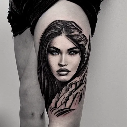 Image similar to tattoo design sketch with double exposure effect of megan fox face and beautiful mountain scenery, in the style of matteo pasqualin, amazing detail