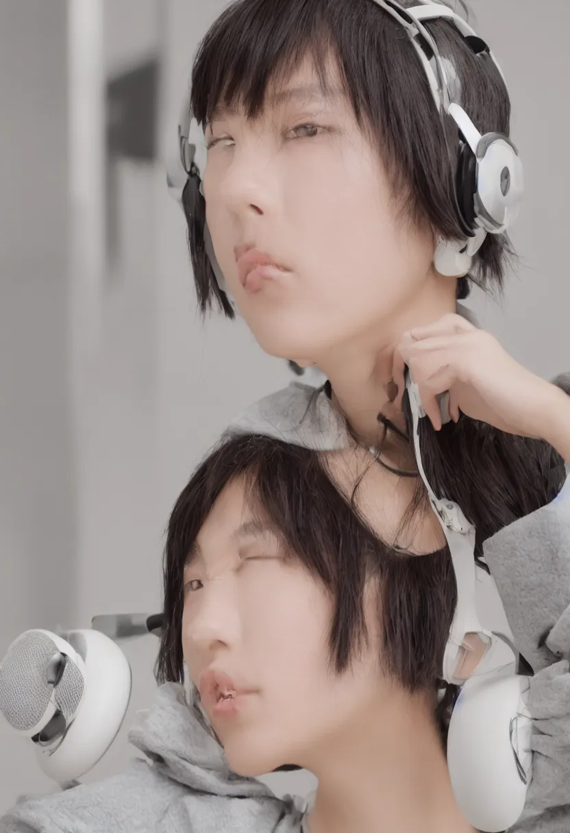 Image similar to headshot, japanese young woman, headphones listening to music, elegant as fashion editorial shot, highly detailed, smooth, sharp focus, photo by vogue