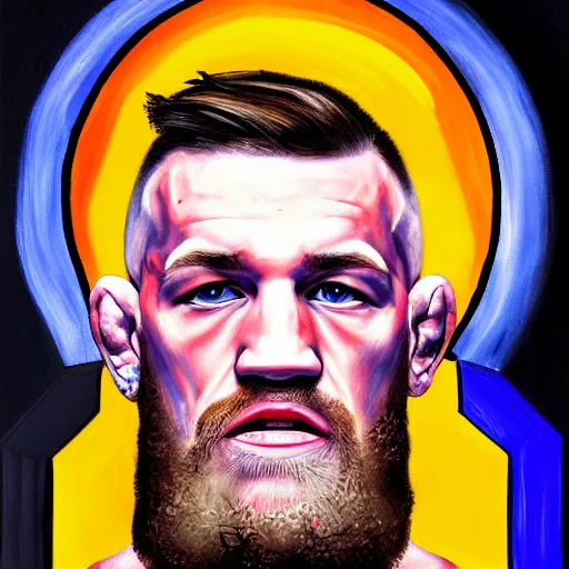 Image similar to religious portrait, conor mcgregor on the cross, oil on canvas, digital art