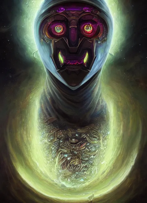 Image similar to dark horror cosmic crystal nebula mf doom glowing bright eyes, platinum skin, centered, digital painting, artstation, concept art, smooth, sharp focus, illustration, artgerm, tomasz alen kopera, peter mohrbacher, donato giancola, joseph christian leyendecker, wlop, frank frazetta