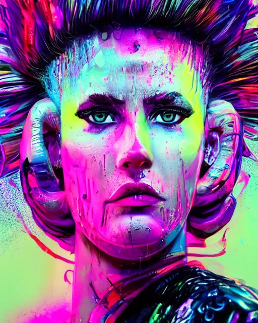 Image similar to splashes of neon, mowhawk, punk women portrait made out of paint, trending on artstation, epic composition, emotional, beautiful, rendered in octane, highly detailed, realistic, tim burton comic book art, sharp focus, unreal engine, depth of field, path tracing