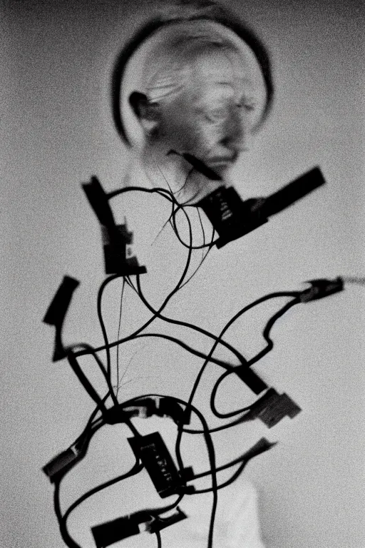 Image similar to a minimalist portrait of Marcel Duchamp holding computer cables in the style of Annie Leibovitz, Irving Penn, Hito Steyerl, Akira Kurosawa, Shinya Tsukamoto, line drawing and 35mm film, wide angle, monochrome, futuristic tetsuo