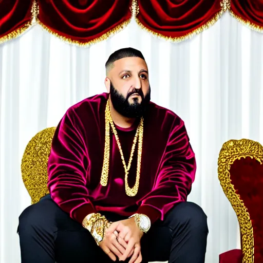 Prompt: DJ Khaled wearing a VR headset, sitting on an ornate red velvet throne