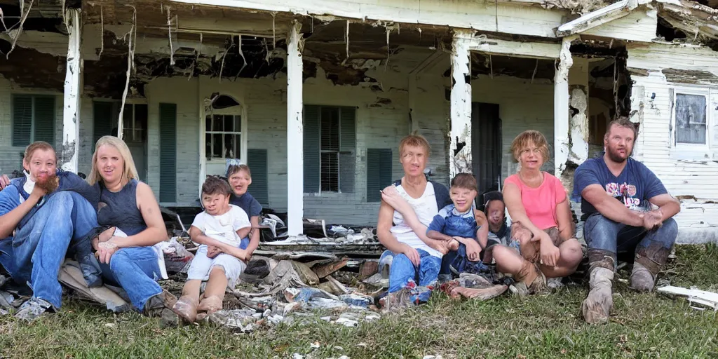 Image similar to photo of unusually small white redneck family sitting on front porch of dilapidated house,