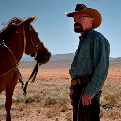 Prompt: walter white as a cowboy in a western town, cinematic