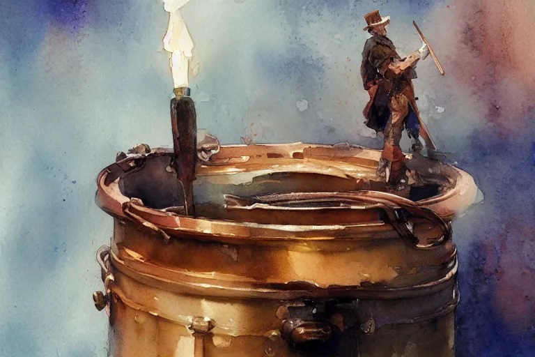 Prompt: small centered on watercolor paper, paint brush strokes, abstract watercolor painting of copper container, specular highlight, cinematic light, national romanticism by hans dahl, by jesper ejsing, by anders zorn, by greg rutkowski, by greg manchess, by tyler edlin, by craig mullins