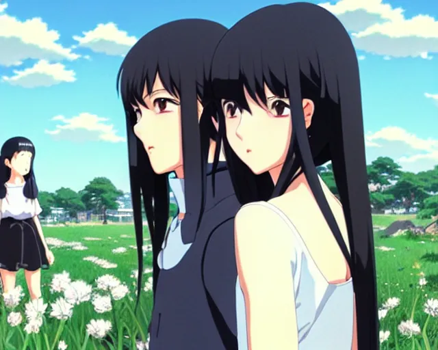 Image similar to beautiful anime girl with long black hair and bangs, beautiful anime guy with white hair, wearing black clothes, couple, fine details portrait, japense village in background, bokeh. anime masterpiece by Studio Ghibli. illustration, sharp high-quality anime illustration in style of Ghibli, Ilya Kuvshinov, Artgerm