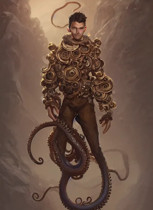 Image similar to a highly detailed illustration of wavy brown haired young white guy wearing brown coat and face mask with many mechanical tentacle arms on his back, dramatic hands in pocket standing pose, intricate, elegant, highly detailed, centered, digital painting, artstation, concept art, smooth, sharp focus, league of legends concept art, WLOP