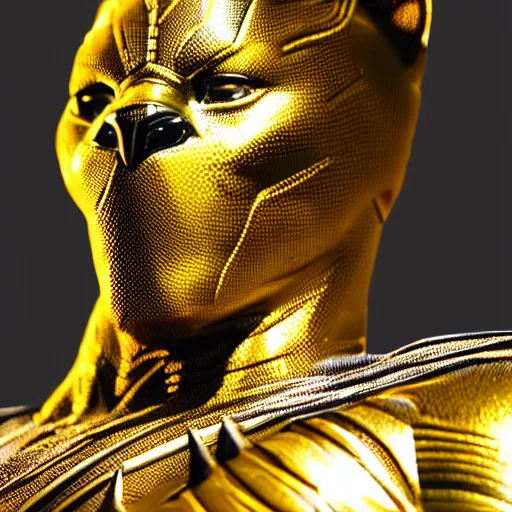 Image similar to a close up shot of a golden statue of black panther, detailed, 8K, epic, photorealistic,