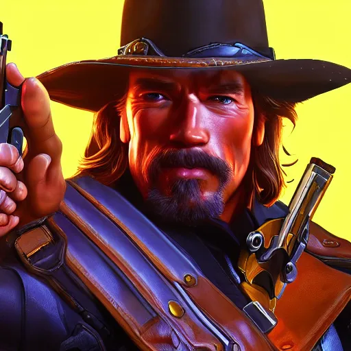 Image similar to a screenshot of arnold schwarzenegger as mccree in overwatch, portrait, fantasy, beautiful face, vivid colors, elegant, concept art, sharp focus, digital art, hyper - realistic, 4 k, unreal engine, highly detailed, hd, dramatic lighting by brom, trending on artstation