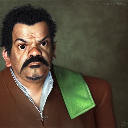 Image similar to hyper realistic, realistic - anime, portrait, beautifully rendered, luis guzman as luigi wearing green, smirking deviously, luigi, luigi's nose, painted by jan van eyck, albrecht durer, gustave courbet, greg rutkowski, wlop, artgerm, dishonored 2,