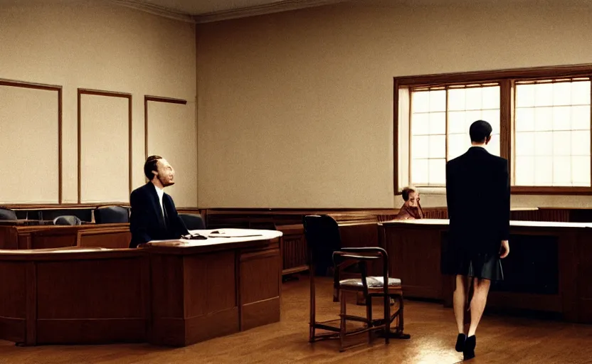 Image similar to a beautiful a man in a skirt in a courtroom, no blur, 4 k resolution, ultra detailed by william eggleston