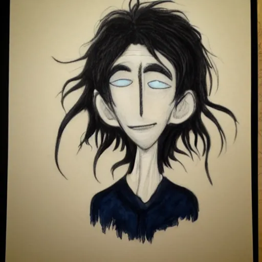 Image similar to young man portrait, black hair, skinny, sleep deprived, corpse bride art style