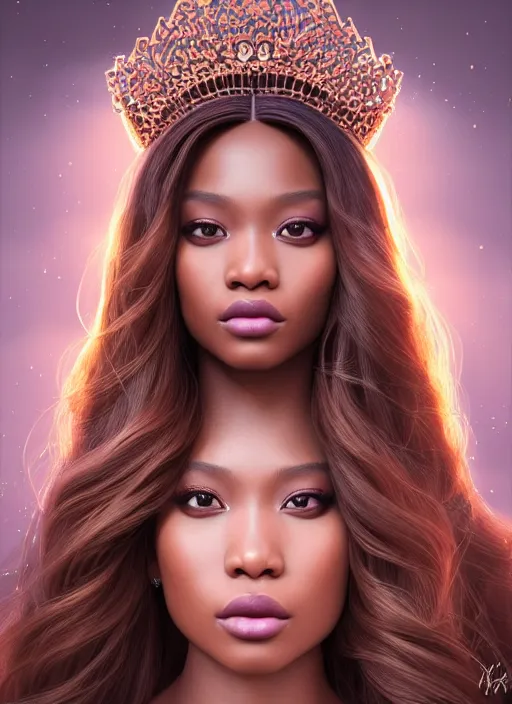 Prompt: portrait of princess, intricate, sharp focus, octane render, realistic, photo, detailed, beautiful, brown skin, unreal engine, symmetrical!!, loreal, maybelline, sephora, loreal, artstation, art by artgerm, rossdraws, karol bak, makeup by pat mcgrath, cinematic, concept art, filmic, vsco