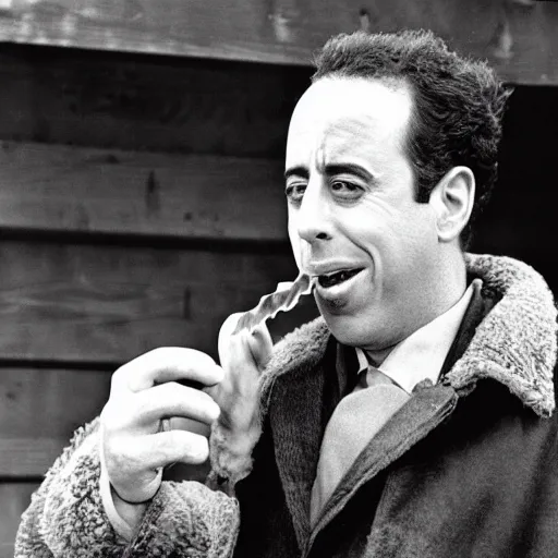 Image similar to jerry seinfeld eating a hot dog in the old west