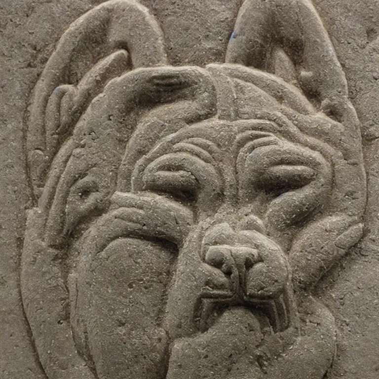 Image similar to ancient Babylonian stone bas relief of a shiba-inu's face
