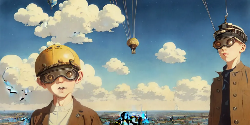 Image similar to 3 d portrait of a boy with light blond curly hair with an aviator helmet and goggles standing at the helm of a multidimensional steampunk hot air balloon by ilya kuvshinov, cloudy sky background lush landscape ln illustration concept art anime key visual trending pixiv by victo ngai fanbox by greg rutkowski makoto shinkai takashi takeuchi studio ghibli