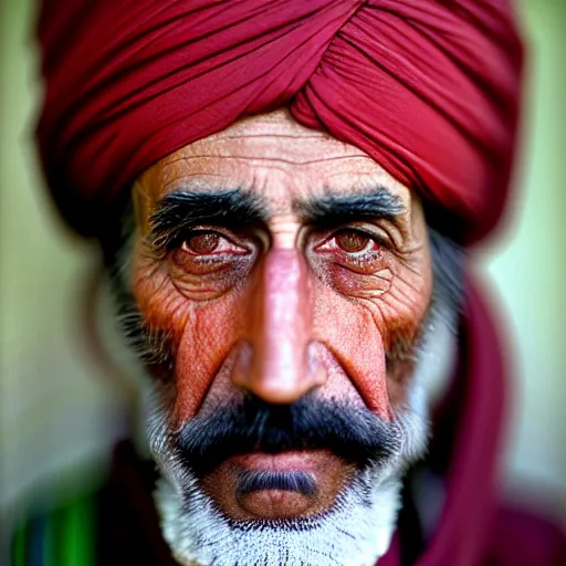 Image similar to portrait of woodrow wilson as afghan man, green eyes and red turban looking intently, photograph by steve mccurry